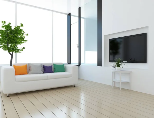 Ide Interior Ruang Tamu Skandinavia Dengan Sofa Dan Lantai Kayu — Stok Foto