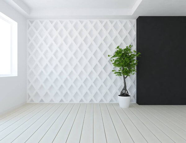 Idea of a white empty scandinavian room interior with plant on wooden floor  . Home nordic interior. 3D illustration - Illustration