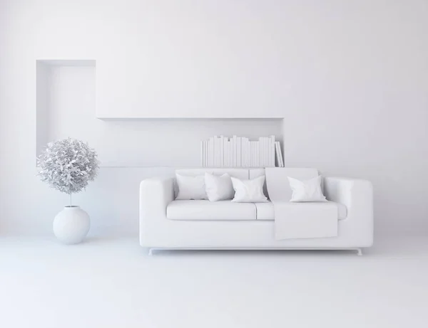 白色的房间内部与家具 斯堪的纳维亚室内设计 — 图库照片