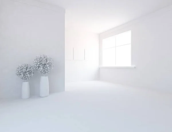 white room interior with vases. Scandinavian interior design. 3d illustration