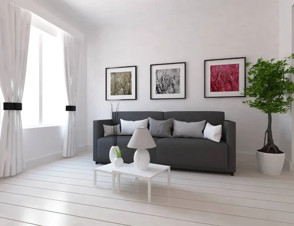 一个白色的斯堪的纳维亚客厅内部与沙发的想法 和白色的景观在窗口 家北欧内饰 — 图库照片