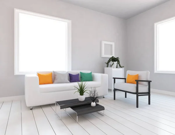 Ideia Interior Sala Estar Escandinavo Branco Com Sofá Paisagem Branca — Fotografia de Stock