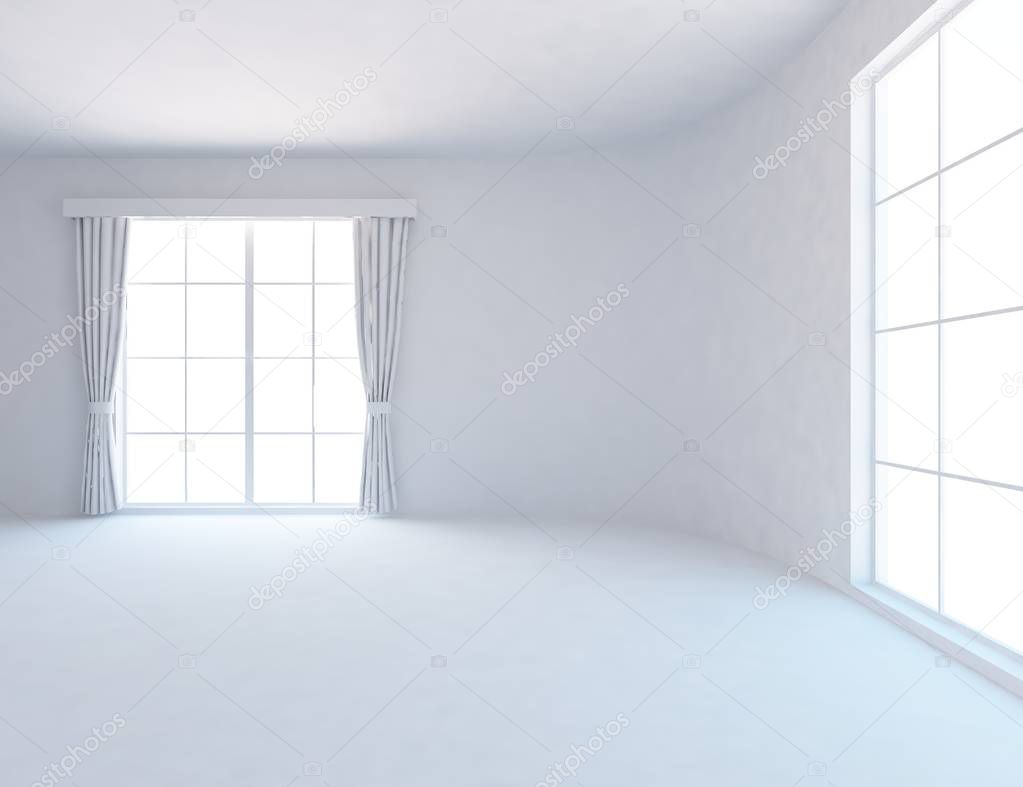 white room interior with windows. Scandinavian interior design. 3d illustration