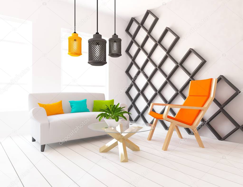 Idea of a white scandinavian living room interior with sofa,  and white landscape in window. Home nordic interior. 3D illustration - Illustration