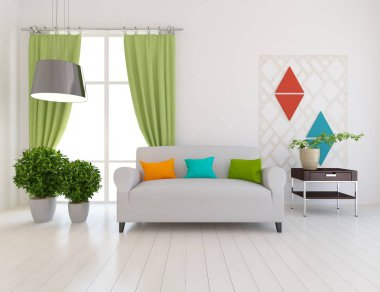 Bir beyaz İskandinav oturma odası iç kanepe, bitkiler ahşap zemin ile fikir. Ev nordic iç. 3D çizim 