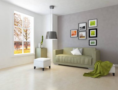 Bir beyaz İskandinav oturma odası iç kanepe ve ahşap zemin ile fikir. Ev nordic iç. 3D çizim 