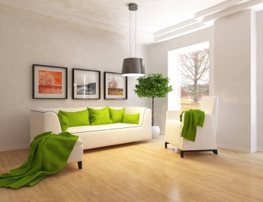 Bir beyaz İskandinav oturma odası iç kanepe ve ahşap zemin ile fikir. Ev nordic iç. 3D çizim 