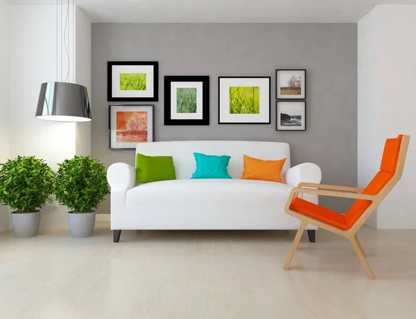 Ide Interior Ruang Tamu Skandinavia Putih Dengan Sofa Lantai Kayu — Stok Foto