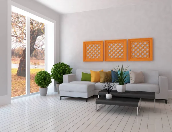 Idea of a white scandinavian living room interior with sofa ,plants wooden floor  . Home nordic interior. 3D illustration