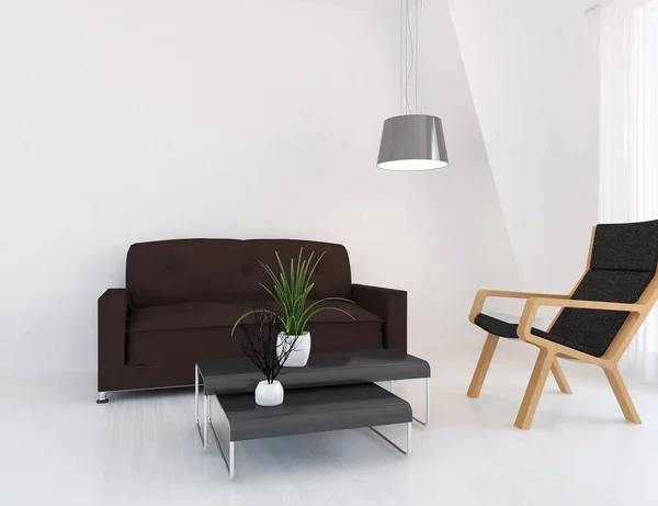 Idée Salon Scandinave Blanc Intérieur Avec Canapé Planchers Bois Plantes — Photo