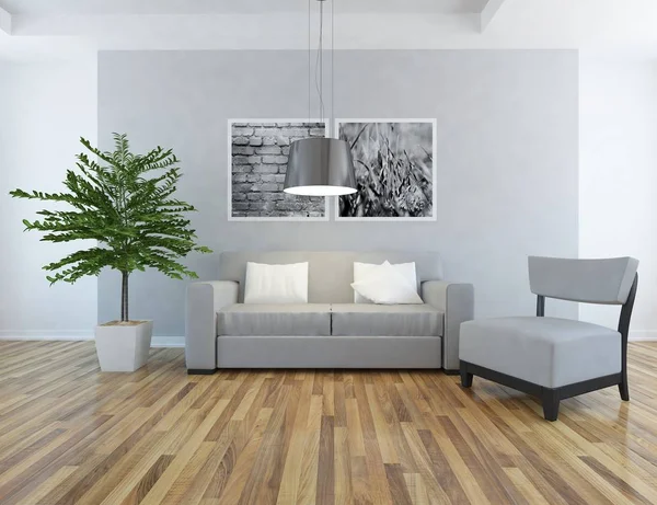 ソファと木製の床の白い北欧リビング ルーム インテリアのアイデア 北欧インテリア イラストレーション — ストック写真