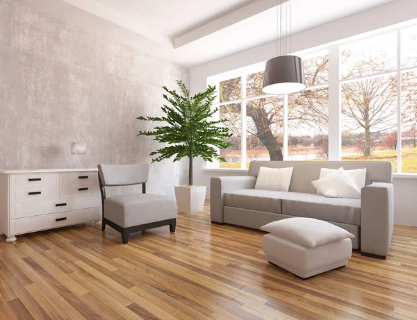 Ide Interior Ruang Tamu Skandinavia Putih Dengan Sofa Dan Lantai — Stok Foto