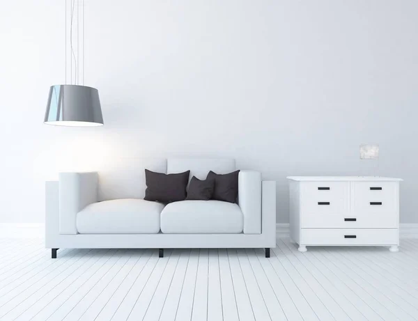 Idea Wnętrza Biały Skandynawski Salon Sofą Drewniane Podłogi Lampy Biały — Zdjęcie stockowe