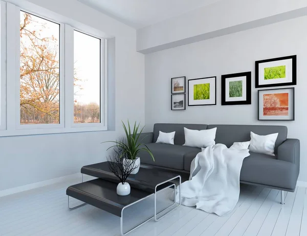 Idea White Scandinavian Living Room Interior Sofa Plants Wooden Floor — Stock Photo, Image