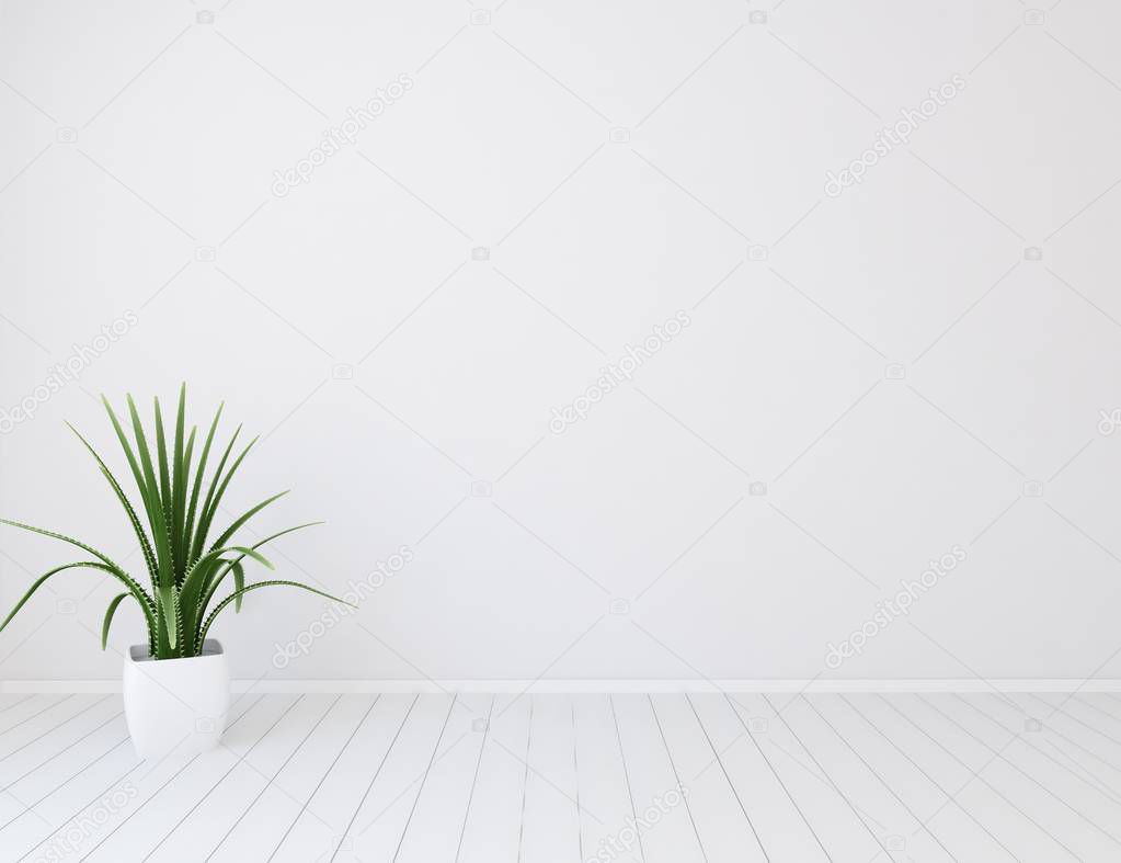 Idea of white empty scandinavian room interior with vase on the wooden floor and large wall and white landscape  Home nordic interior. 