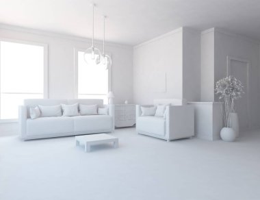 Beyaz Oda iç mobilya ile. İskandinav iç tasarım. 3D çizim