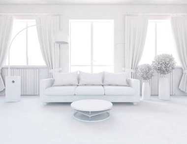 Beyaz Oda iç mobilya ile. İskandinav iç tasarım. 3D çizim