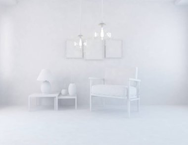 Beyaz Oda iç mobilya ile. İskandinav iç tasarım. 3D çizim