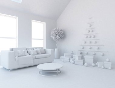 Beyaz Oda iç mobilya ile. İskandinav iç tasarım. 3D çizim