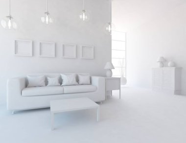Beyaz Oda iç mobilya ile. İskandinav iç tasarım. 3D çizim