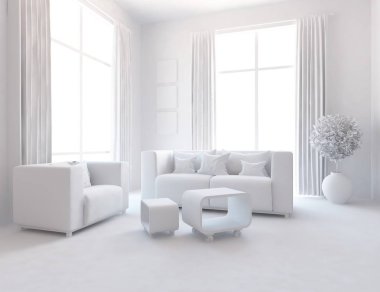 Beyaz Oda iç mobilya ile. İskandinav iç tasarım. 3D çizim
