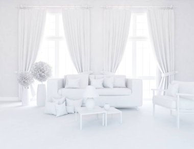 Beyaz Oda iç mobilya ile. İskandinav iç tasarım. 3D çizim