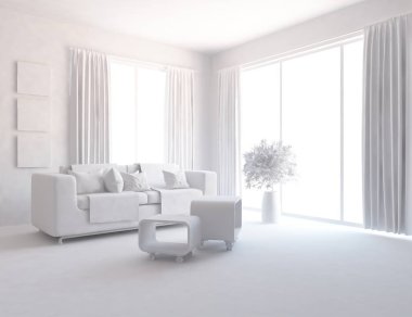 Beyaz Oda iç mobilya ile. İskandinav iç tasarım. 3D çizim