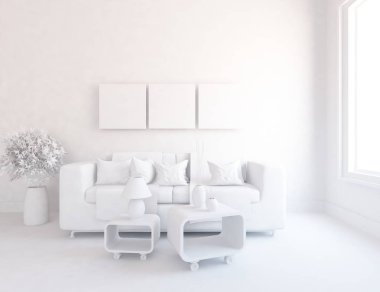 Beyaz Oda iç mobilya ile. İskandinav iç tasarım. 3D çizim