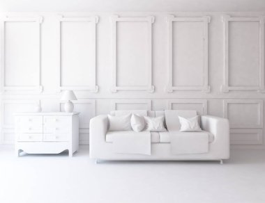 Beyaz Oda iç mobilya ile. İskandinav iç tasarım. 3D çizim