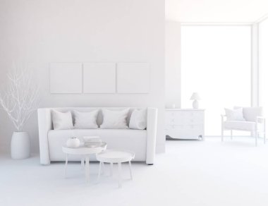 Beyaz Oda iç mobilya ile. İskandinav iç tasarım. 3D çizim