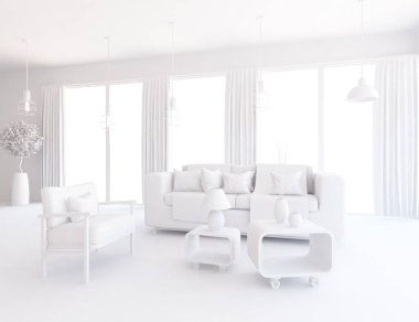 Beyaz Oda iç mobilya ile. İskandinav iç tasarım. 3D çizim