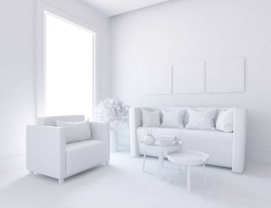 Beyaz Oda iç mobilya ile. İskandinav iç tasarım. 3D çizim