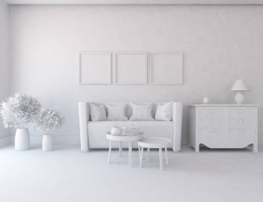 Beyaz Oda iç mobilya ile. İskandinav iç tasarım. 3D çizim
