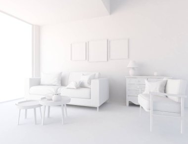 Beyaz Oda iç mobilya ile. İskandinav iç tasarım. 3D çizim