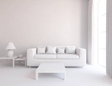 Beyaz Oda iç mobilya ile. İskandinav iç tasarım. 3D çizim