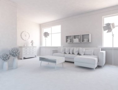 Beyaz Oda iç mobilya ile. İskandinav iç tasarım. 3D çizim