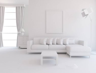 Beyaz Oda iç mobilya ile. İskandinav iç tasarım. 3D çizim