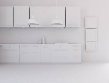 Beyaz Oda iç mobilya ile. İskandinav iç tasarım. 3D çizim