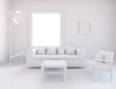 Beyaz Oda iç mobilya ile. İskandinav iç tasarım. 3D çizim