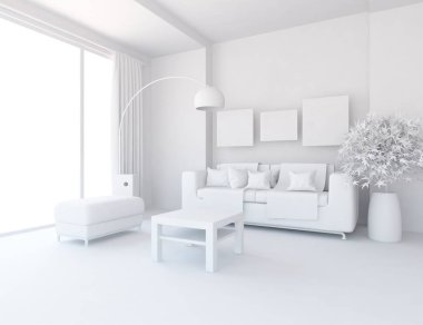 Beyaz Oda iç mobilya ile. İskandinav iç tasarım. 3D çizim