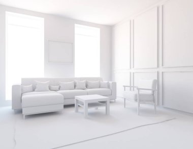 Beyaz Oda iç mobilya ile. İskandinav iç tasarım. 3D çizim