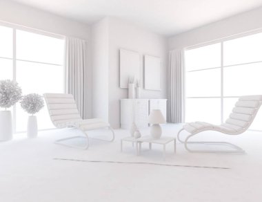 Beyaz Oda iç mobilya ile. İskandinav iç tasarım. 3D çizim