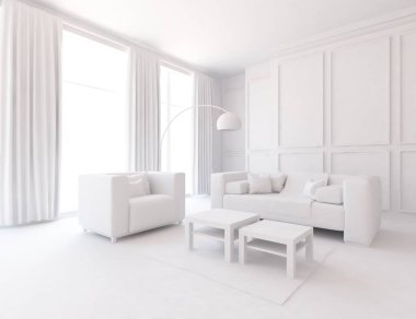 Beyaz Oda iç mobilya ile. İskandinav iç tasarım. 3D çizim