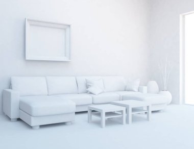 Beyaz Oda iç mobilya ile. İskandinav iç tasarım. 3D çizim