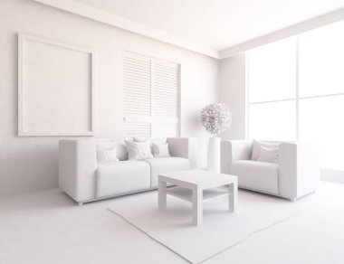 Beyaz Oda iç mobilya ile. İskandinav iç tasarım. 3D çizim
