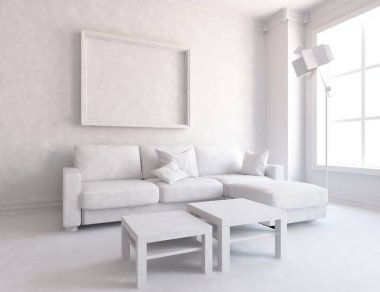 Beyaz Oda iç mobilya ile. İskandinav iç tasarım. 3D çizim