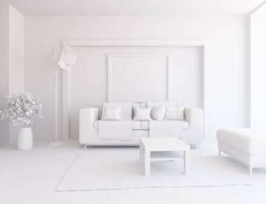 Beyaz Oda iç mobilya ile. İskandinav iç tasarım. 3D çizim