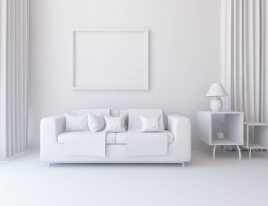 Beyaz Oda iç mobilya ile. İskandinav iç tasarım. 3D çizim