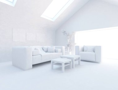 Beyaz Oda iç mobilya ile. İskandinav iç tasarım. 3D çizim
