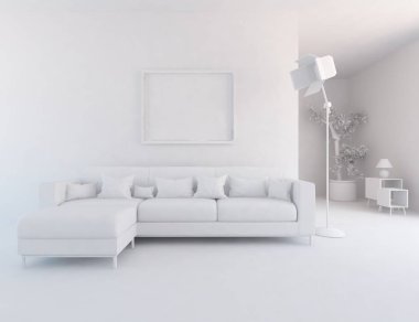 Beyaz Oda iç mobilya ile. İskandinav iç tasarım. 3D çizim